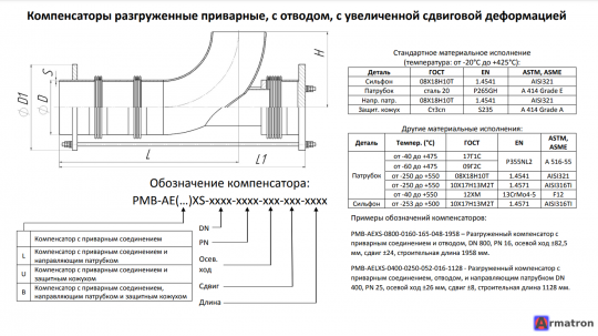 Компенсатор сильфонный DN1200 PN3 PMB-AELXS-1200-0030-026-1900-N1 разгруженный приварной, с отводом, с увеличенной сдвиговой деформацией BHC Jilove, s.r.o.